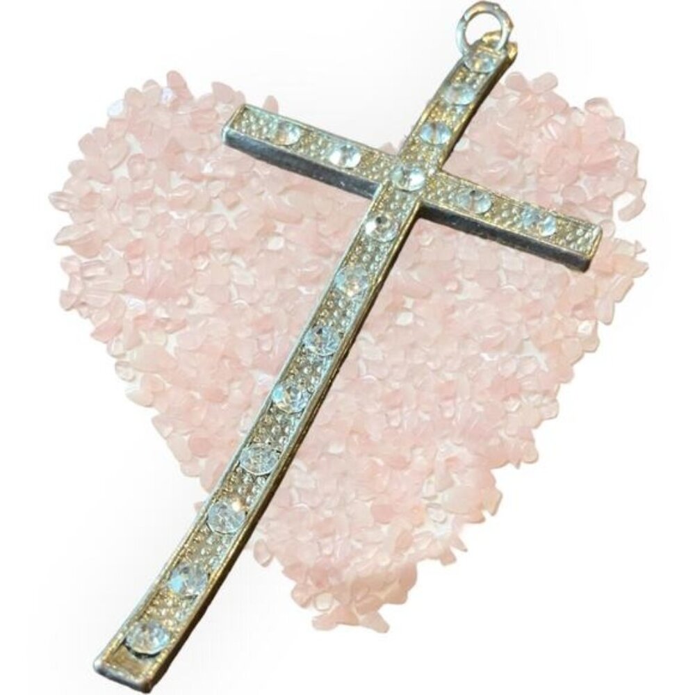 Silver-Tone Waved Cross Pendant With Rhinestone Accents